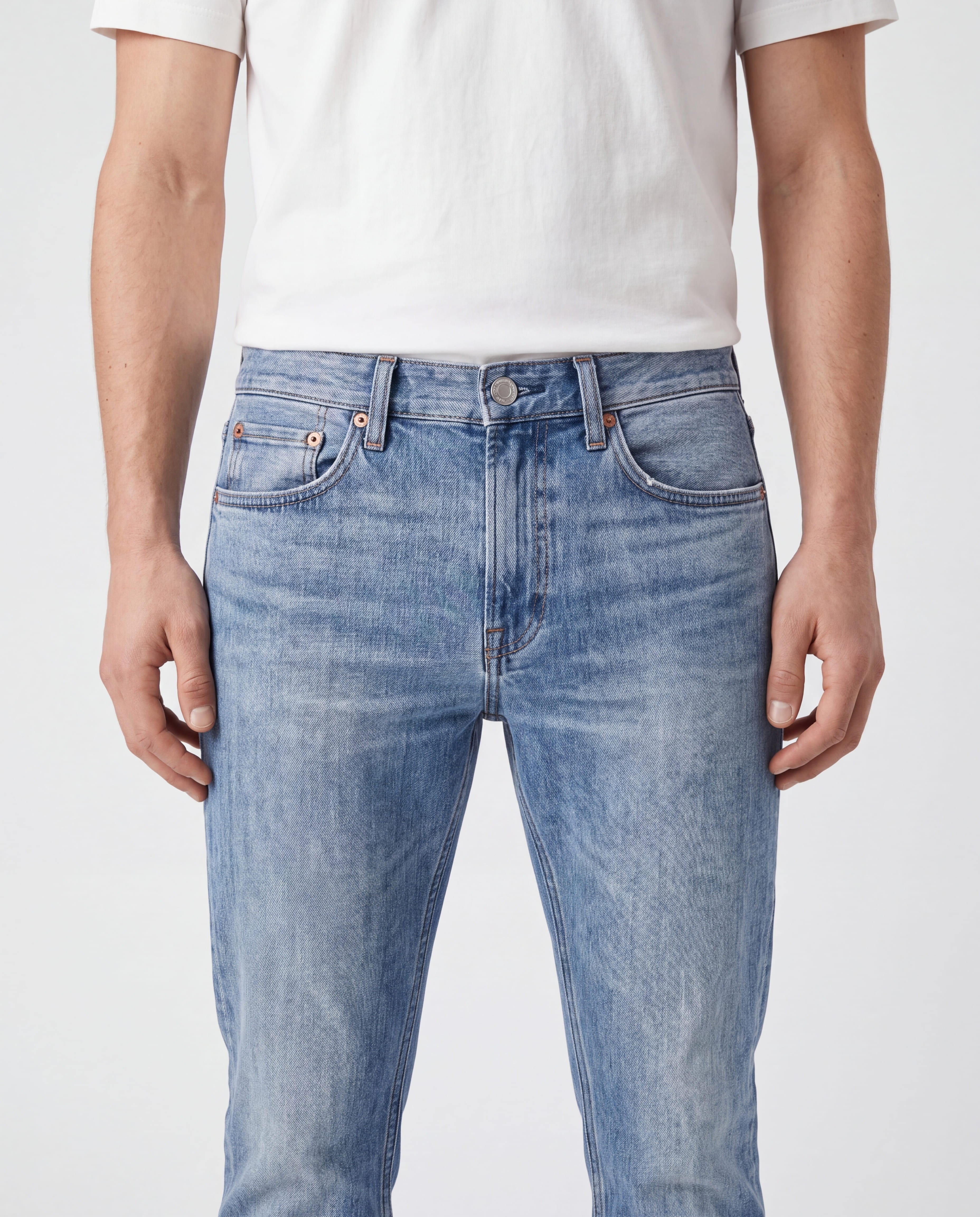 Close-up front waist detail of Sama Denim men's light wash slim fit jeans