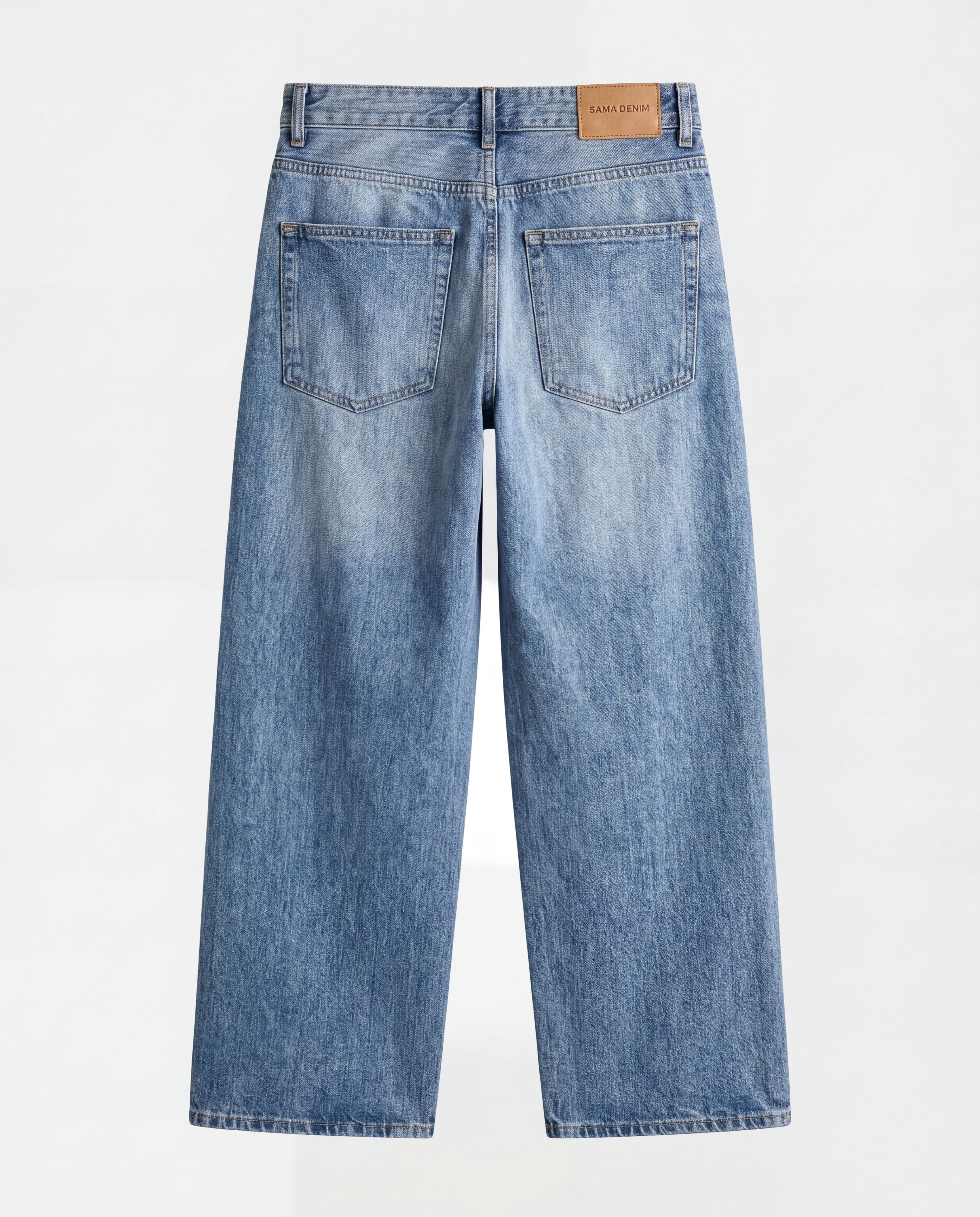 Back view of Sama Denim men's light wash baggy fit jeans
