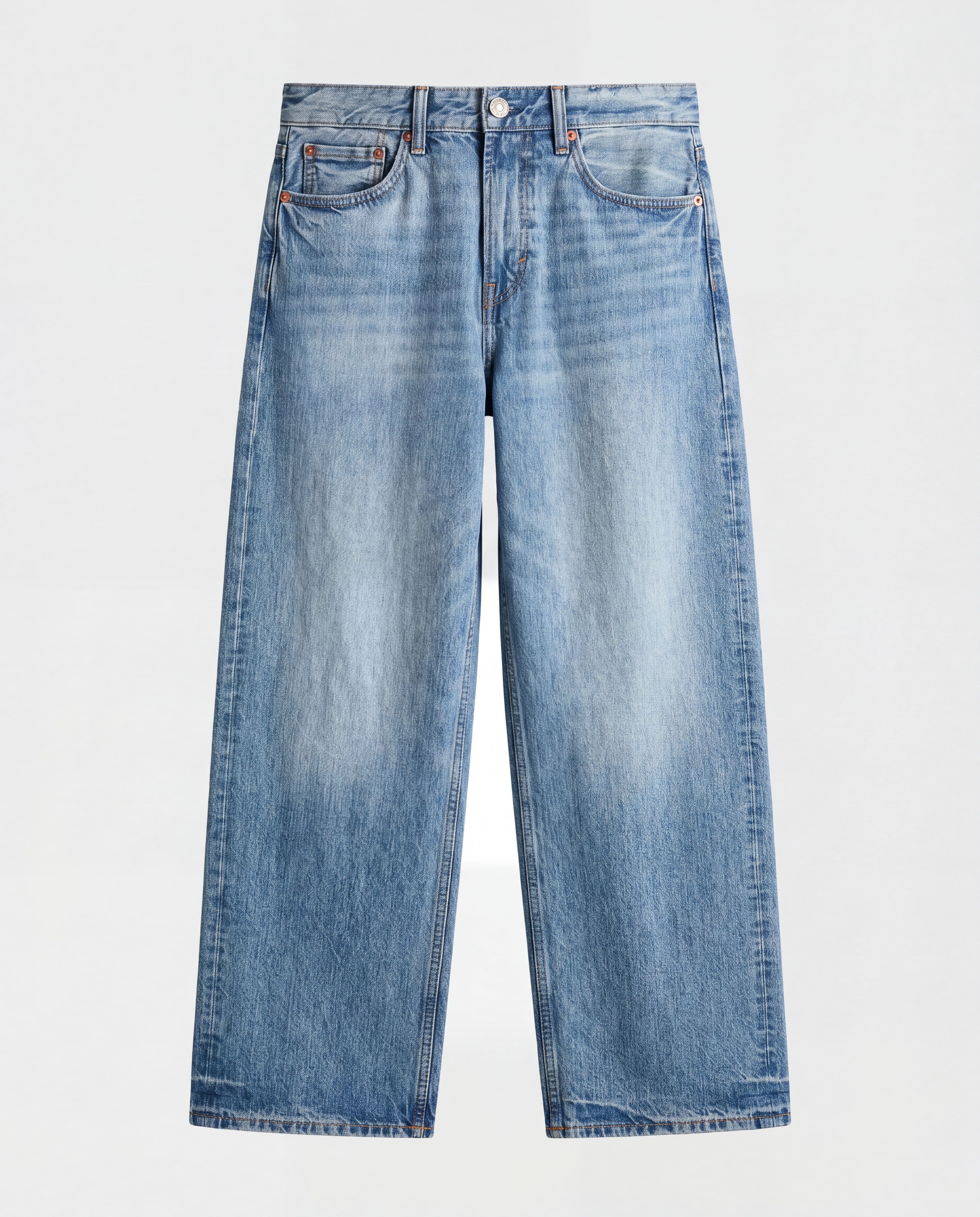 Front view of Sama Denim men's light wash baggy fit jeans
