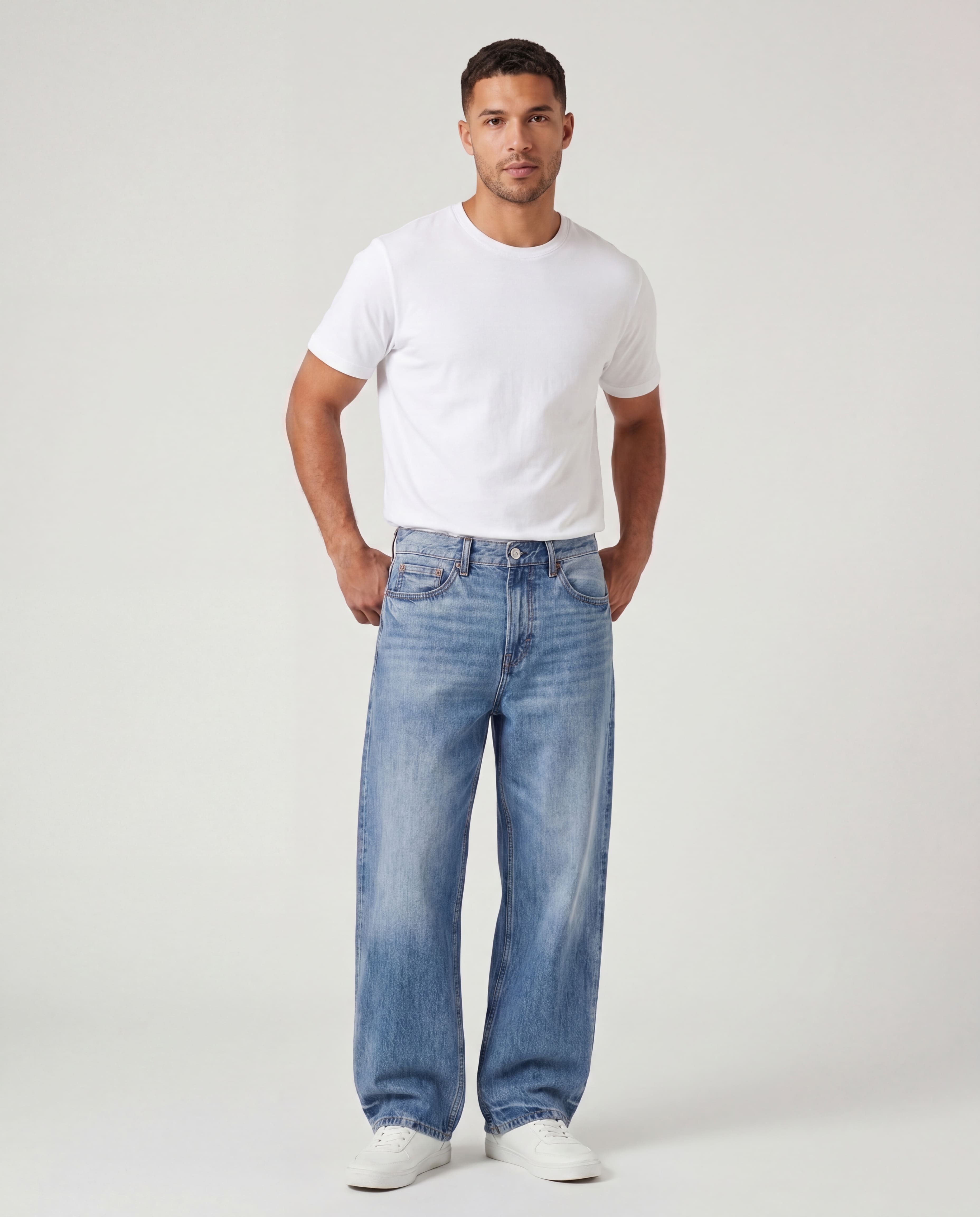 Model wearing Sama Denim men's light wash baggy fit jeans with relaxed styling