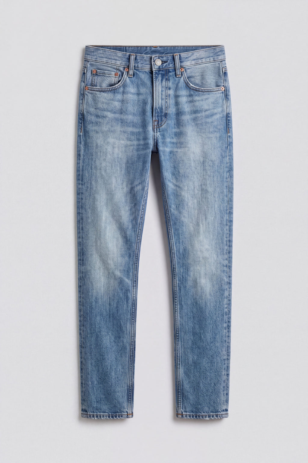 Front flat lay view of Sama Denim men's light wash slim fit jeans on neutral background