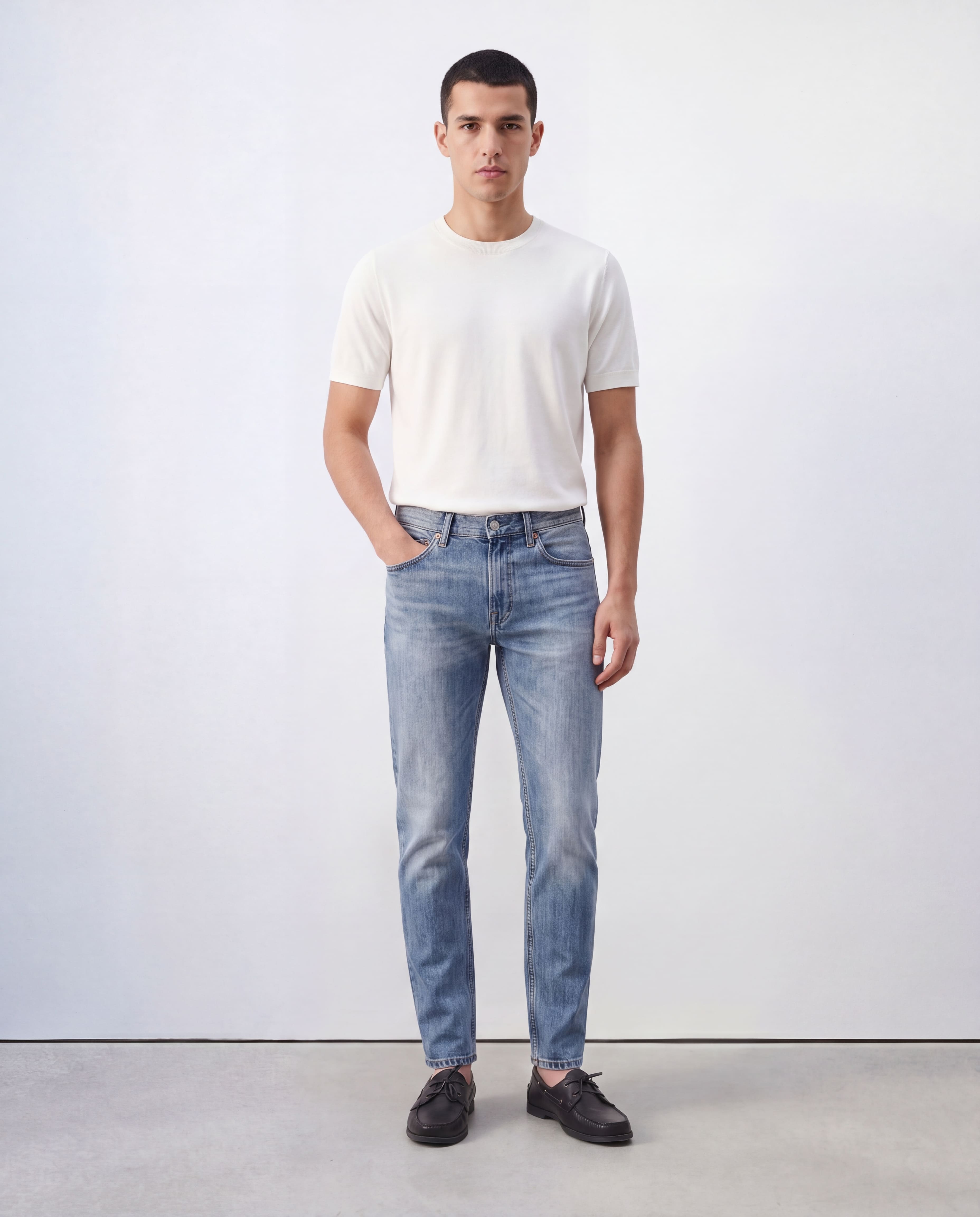 Model wearing Sama Denim men's light wash slim fit jeans with white t-shirt in minimalist studio
