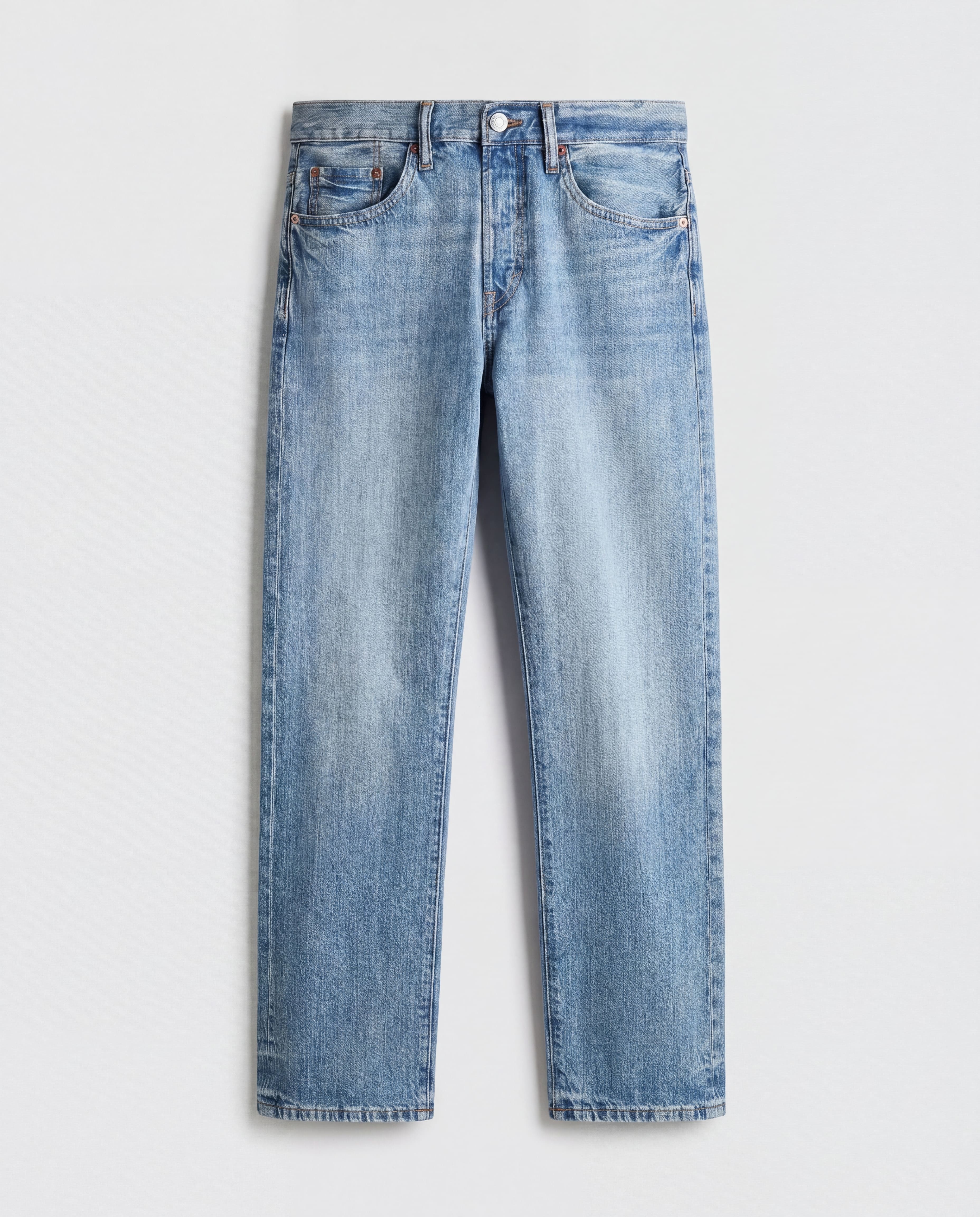 Front flat lay view of Sama Denim men's light wash straight fit jeans on neutral background