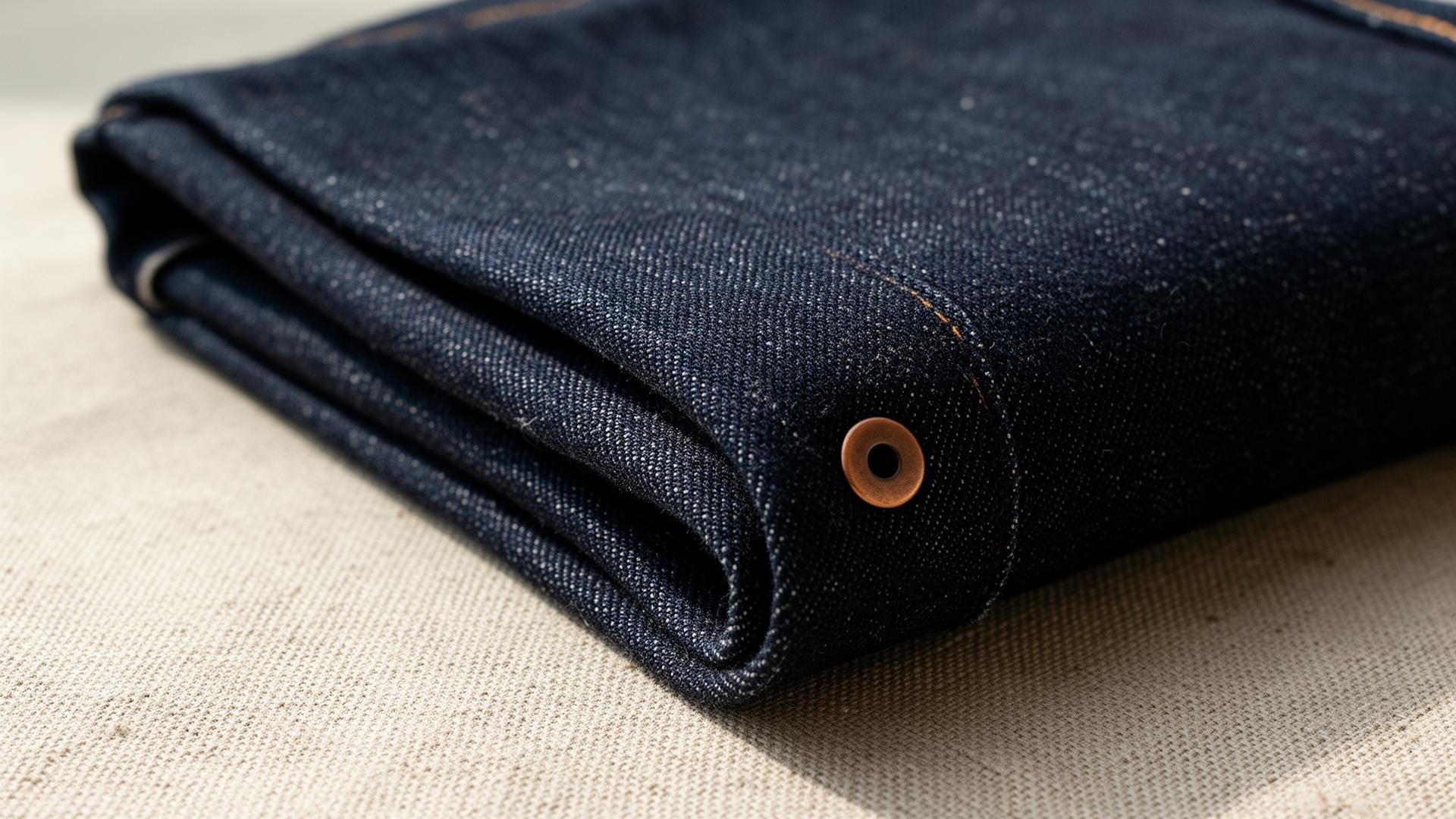 Close-up of folded premium raw denim fabric showcasing Sama Denim craftsmanship and texture