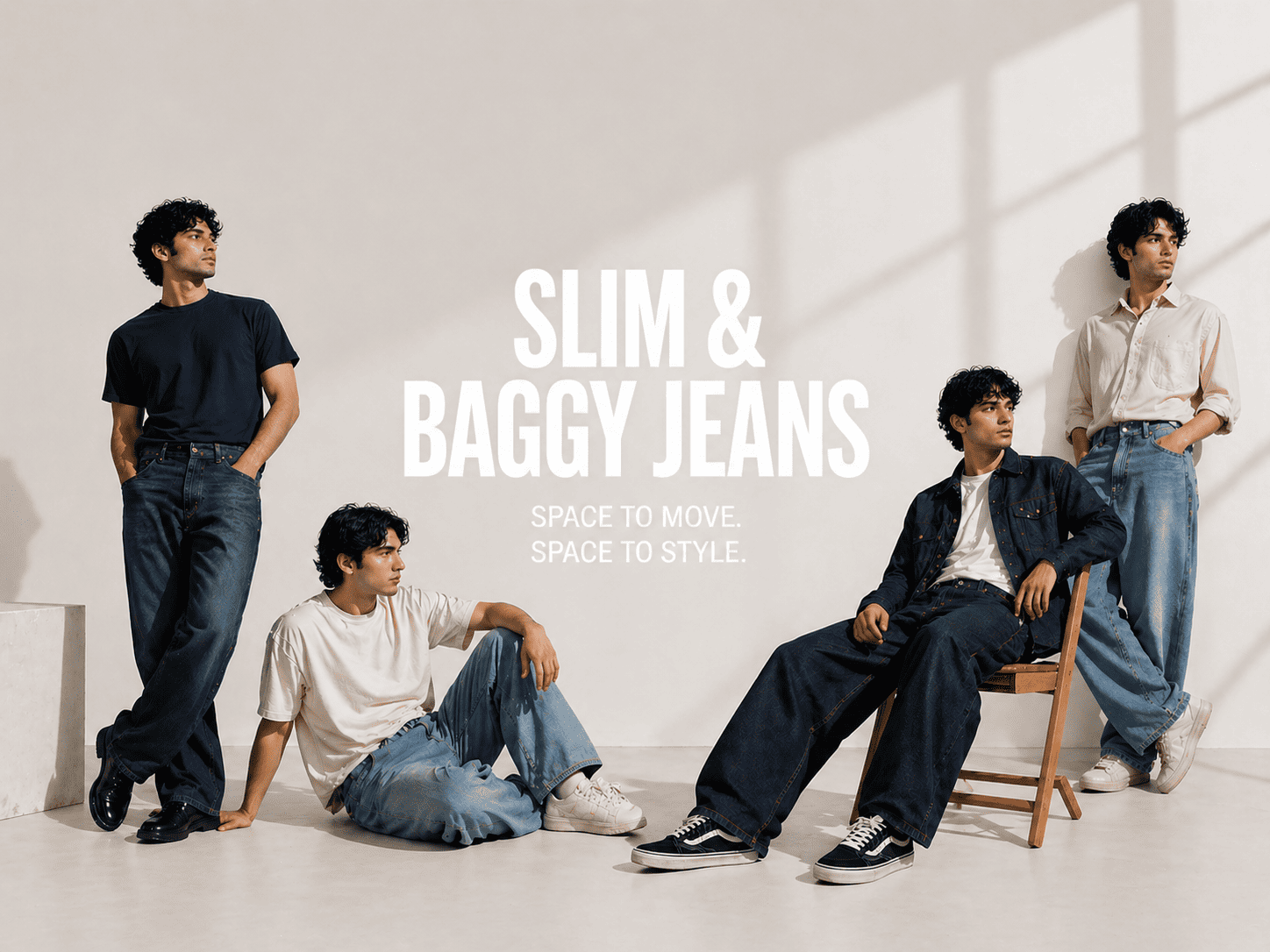Models wearing Sama Denim slim fit and baggy jeans collection in a minimalist editorial studio setting