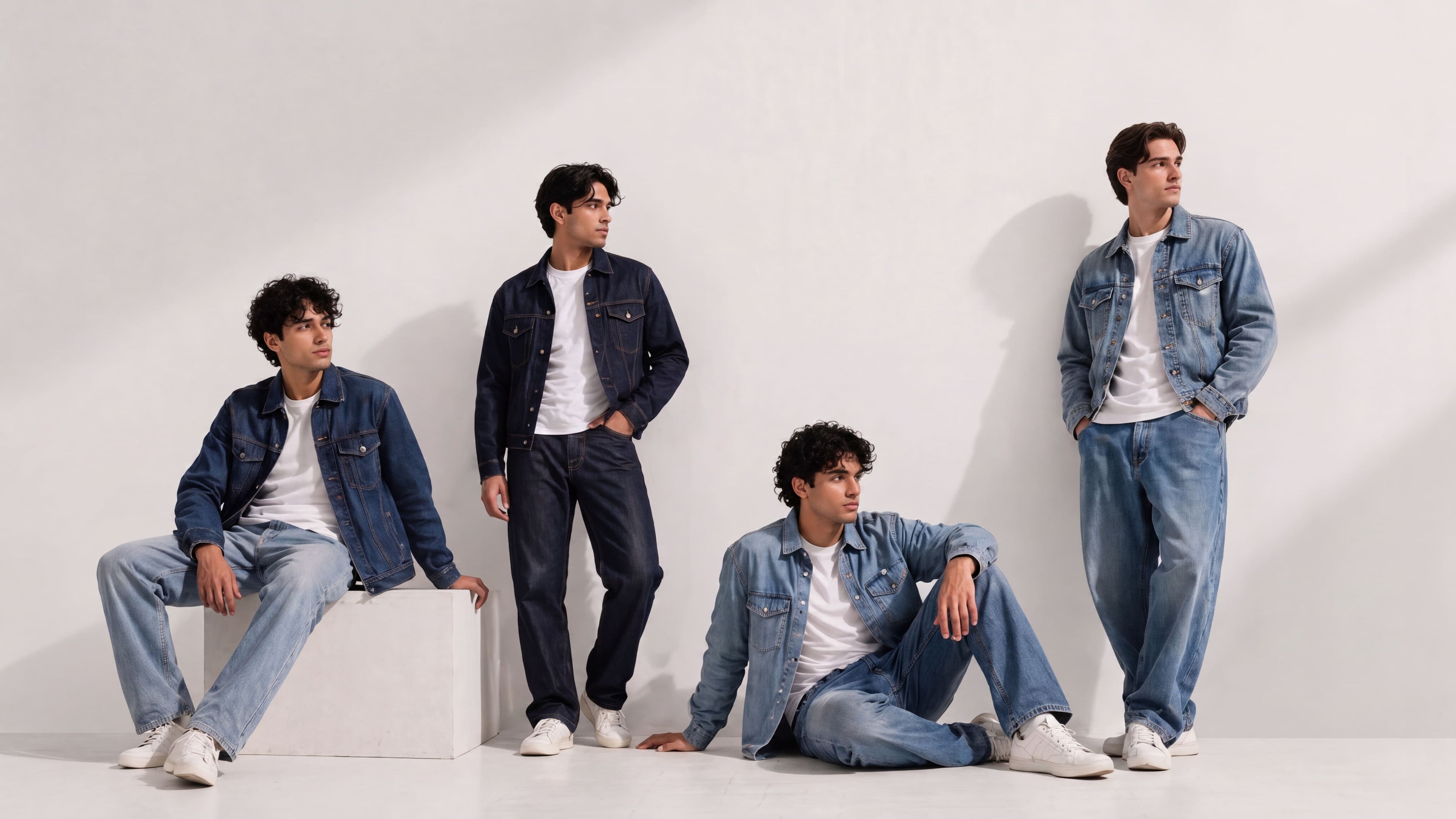 Models wearing Sama Denim premium men's denim jackets and jeans collection in a minimalist studio setting